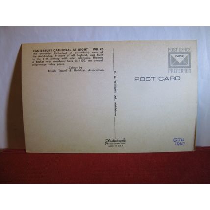 CANTERBURY CATHEDRAL at NIGHT unused postcard by C G Williams, Maidstone =