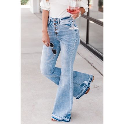 Sky Blue High Waist Buttoned Distressed Flared Jeans