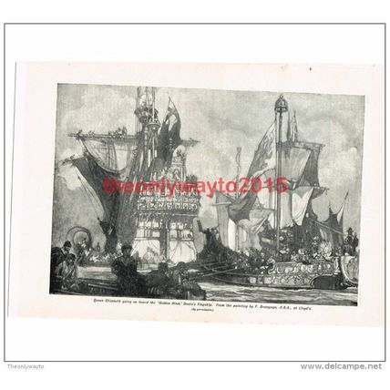 Queen Elizabeth on Drake's Golden Hind, F Brangwyn, Book Illustration (Print), c