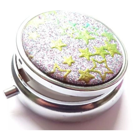 Green Glitter Stars Pill Box Round 2 CM Collectable Storage Gift