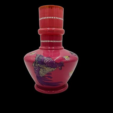 Victorian aesthetic pink opaline glass vase Roosters Fighting Daisies Large Rare