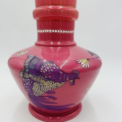Victorian aesthetic pink opaline glass vase Roosters Fighting Daisies Large Rare
