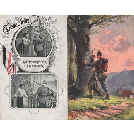 German Drawing Carving Love Hearts Military 2x Sent By Soldier WW1 Postcard s