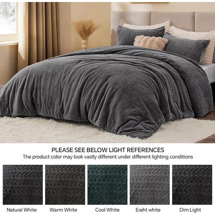 Fluffy Queen Comforter Set - Furry Grey Leaves Pattern Faux Fur Bed Set, Winter