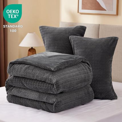 Fluffy Queen Comforter Set - Furry Grey Leaves Pattern Faux Fur Bed Set, Winter