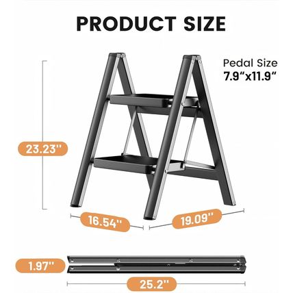 Step Stool, 2 Step Ladder with Anti-Slip and Wide Pedal, Folding Portable Iron S