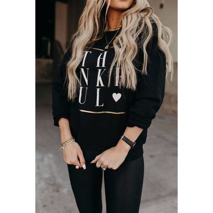 Black THANKFUL Heart Print Long Sleeve Sweatshirt
