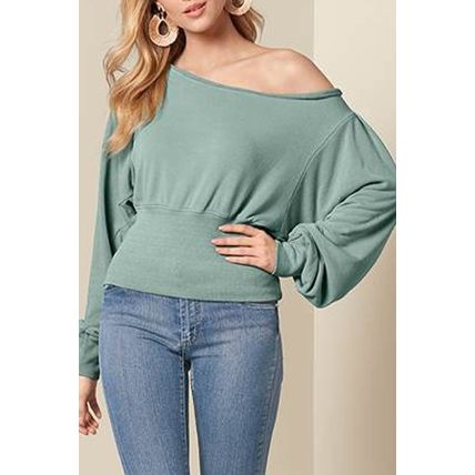 Green Off Shoulder Bishop Sleeve Cinched Waist Blouse