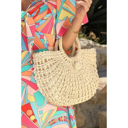 Beige Bamboo Weaving Semicircle Tote Handbag