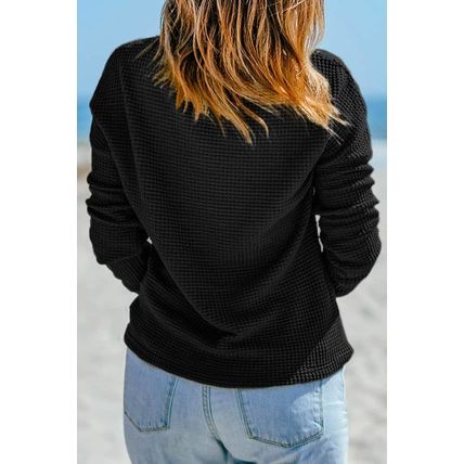 Black Waffle Knit Drop Shoulder Long Sleeve Top