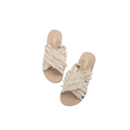 Beige Bohemian Cross Criss Tassel Slippers
