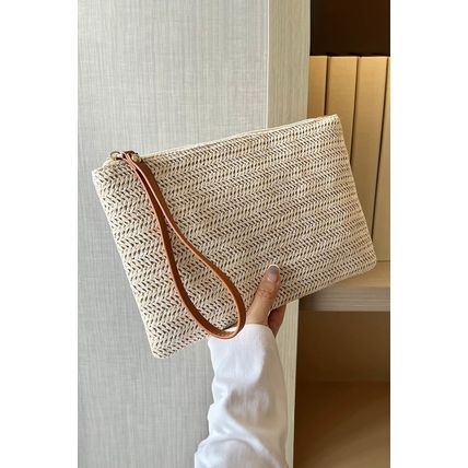Oatmeal Straw Woven Wrist Strap Zipper Large Wallet