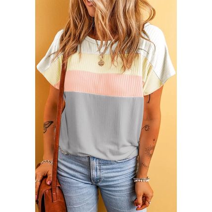 Gray Ribbed Color Block Patchwork T-shirt
