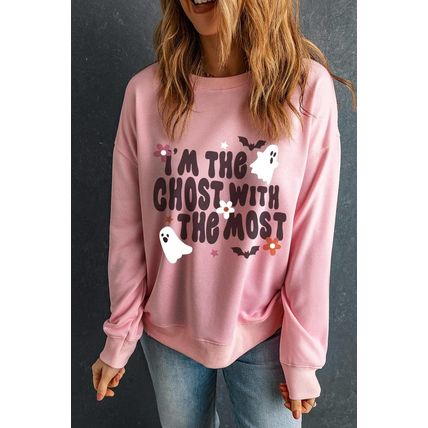 Pink Halloween Slogan Ghost Bat Graphic Drop Shoulder Sweatshirt