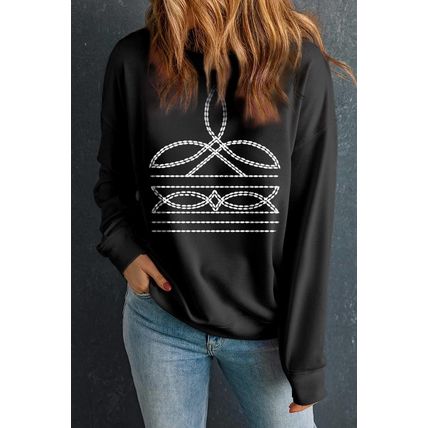 Black Western Pattern Print Round Neck Pullover Sweatshirt