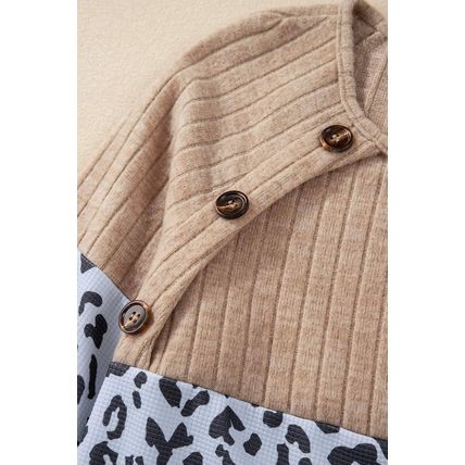 Black Cheetah Textured Patchwork Buttoned Round Neck T Shirt