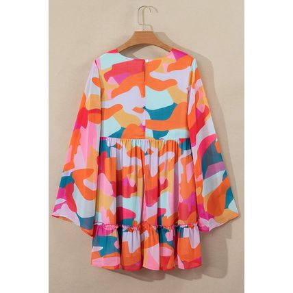 Red Abstract Print Bell Sleeve V Neck Babydoll Dress