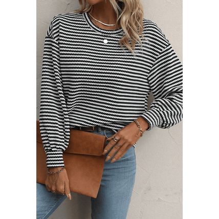 Black Stripe Round Neck Drop Shoulder Long Sleeve Top