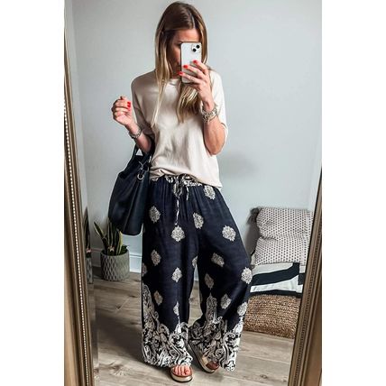 Black Bohemian Printed Drawstring Waist Wide Leg Pants