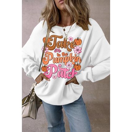 White Take Me to the Pumpkin Patch Floral Halloween Sweatshirt