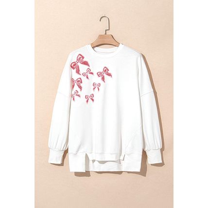 White Sequin Bowknot High Low Oversize Sweatshirt