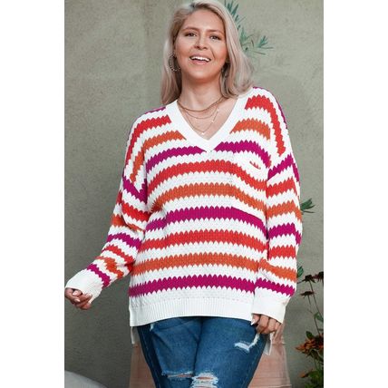 Pink Stripe V Neck Drop Shoulder Plus Size Sweater