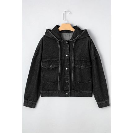 Black Big Chest Pocket Drop Shoulder Hooded Denim Jacket