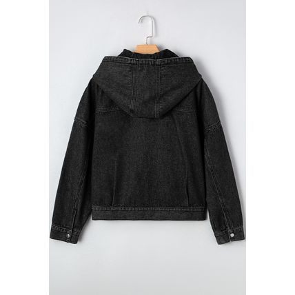 Black Big Chest Pocket Drop Shoulder Hooded Denim Jacket
