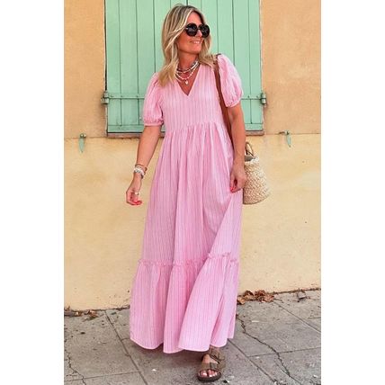 Pink Stripe V Neck Puff Short Sleeve Maxi Dress