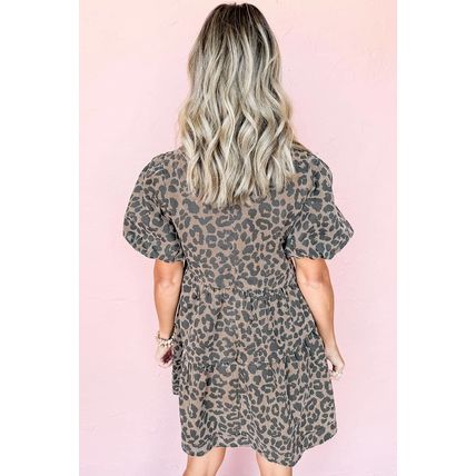 Brown Denim Leopard Printed Short Puff Sleeve Mini Dress