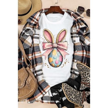 White Easter Egg Bow Bunny Ear Printed T Shirt