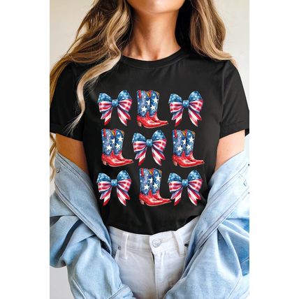 Black Stars and Stripes Bowknot Cowgirl Boots Graphic Patriotic Tee