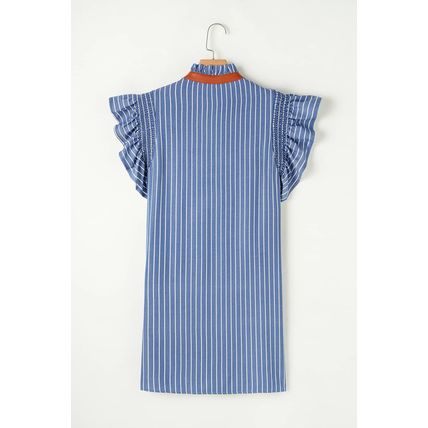 Sky Blue Stripe Frilly Split Neck Shirred Ruffle Sleeve Short Shift Dress