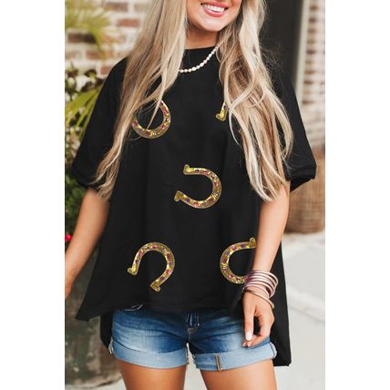 Black Western Shiny Horseshoes Pattern High Low Hem Casual T Shirt