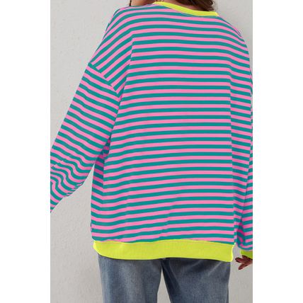 Rose Stripe Contrast Ribbed Trim Crossed Stitch Drop Shoulder Sweatshirt