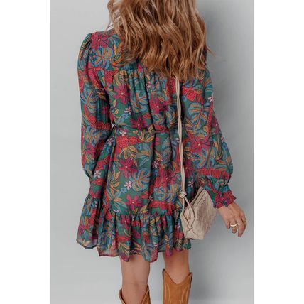 Green Floral Friled V Neck Puff Sleeve Ruffled Shirt Dress