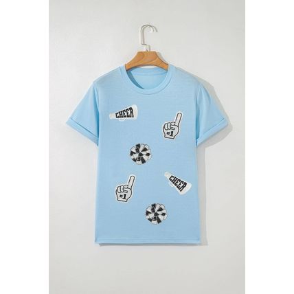 Light Blue Cheer Game Day Element Sequin Patched T Shirt