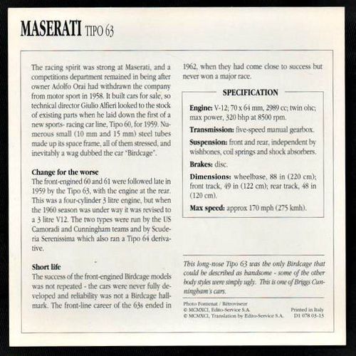 1960 to 1961 Maserati TIPO 63 Classic Car Photo and Info Card