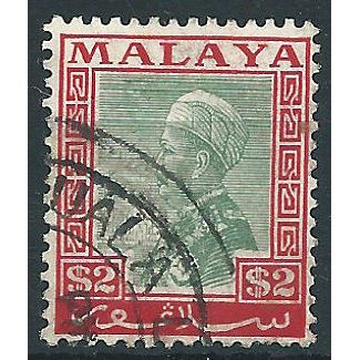 Selangor 1936 SG84 $2 Green & Scarlet Fine Used . . ..