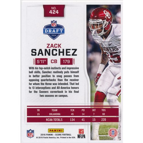 2016 Score Football 424 Zack Sanchez RC Oklahoma Sooners