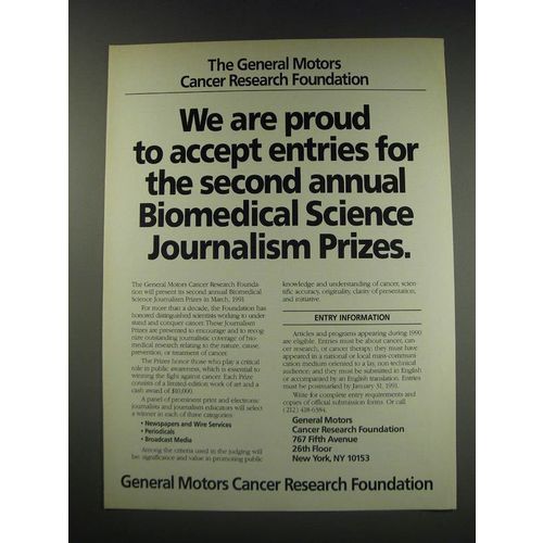1991 General Motors Cancer Research Foundation Ad - We are proud to accept