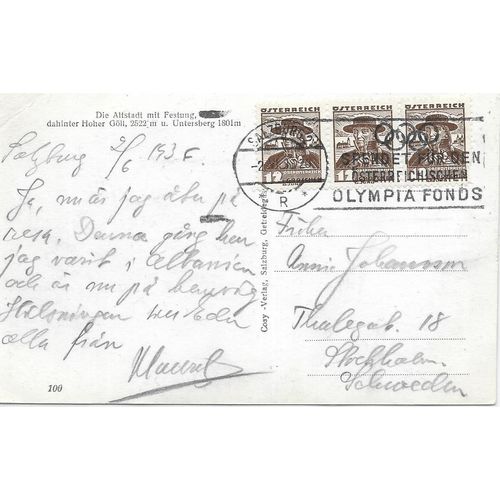 Austria Olympic Slogan Cancel 1933 on postcard RP Salsburg