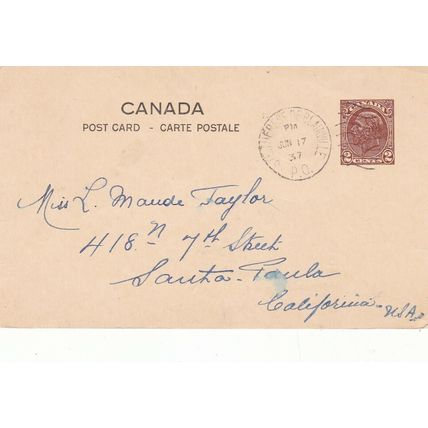 Canada 1937 George V 2c St Therese de Blainville-California postal card VGC