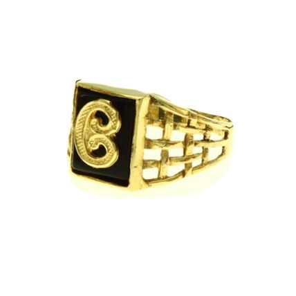 Letter Initial C on Natural Black Onyx Men Ring Solid 10k Yellow Gold Size 11