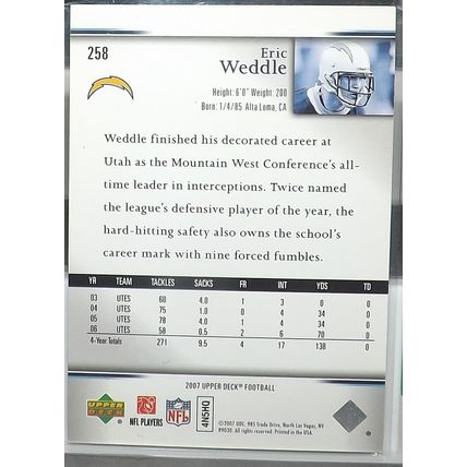 2007 Upper Deck ERIC WEDDLE (Utah/Chargers) Star Rookie #258
