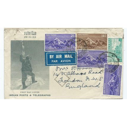 india stamps conquest of everest fdc.sg344 sg 345 cover bit grubby.