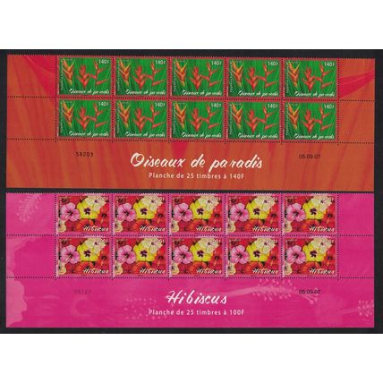 Fr. Polynesia Hibiscus Bird of Paradise Flowers 2v Strips of 10 2007 MNH