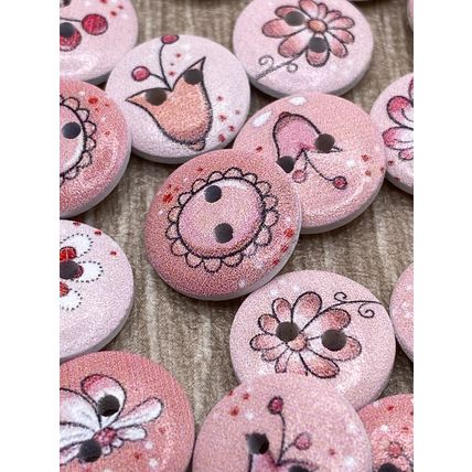 15mm Pink Flower Printing Wooden Buttons Sewing Scrapbooking Cardigans Knitting