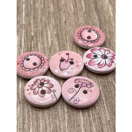 15mm Pink Flower Printing Wooden Buttons Sewing Scrapbooking Cardigans Knitting