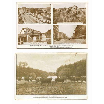 2 postcards lot Canada emigration advertising multiview scenes towns & cattle